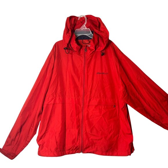 Eddie‎ Bauer Windbreaker Jacket Mens L Red Hooded Lightweight Rain All Weather - Picture 1 of 12